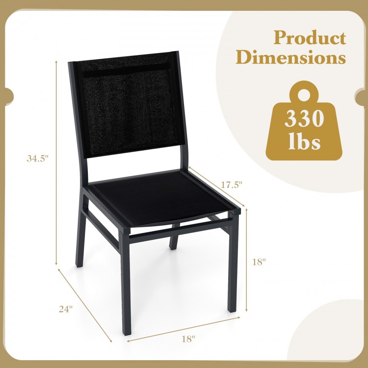 Outdoor dining chair dimensions with breathable fabric and aluminum frame, supports up to 330 lbs for versatile use.