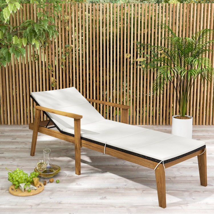 Outdoor chaise lounge chair with armrests, solid acacia wood frame, and PE rattan, perfect for poolside relaxation.