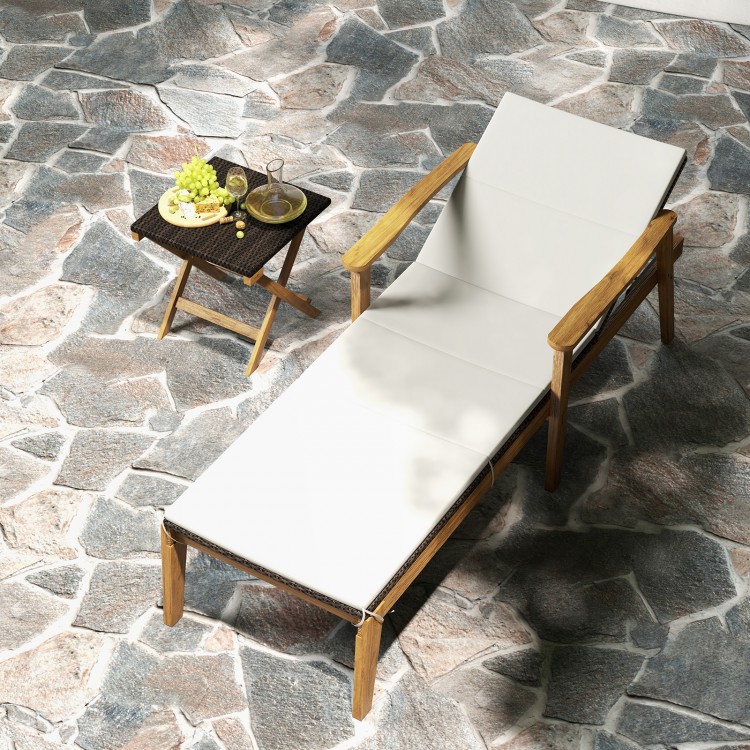 Outdoor chaise lounge chair with armrests, featuring a solid acacia wood frame and adjustable backrest for poolside.