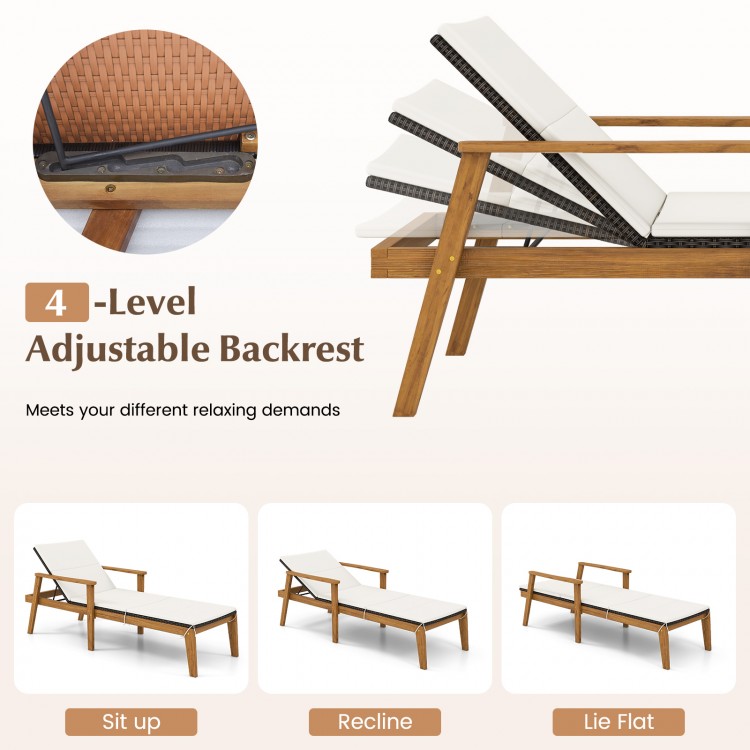 Outdoor chaise lounge chair with 4-level adjustable backrest, solid acacia wood frame, ideal for poolside relaxation.