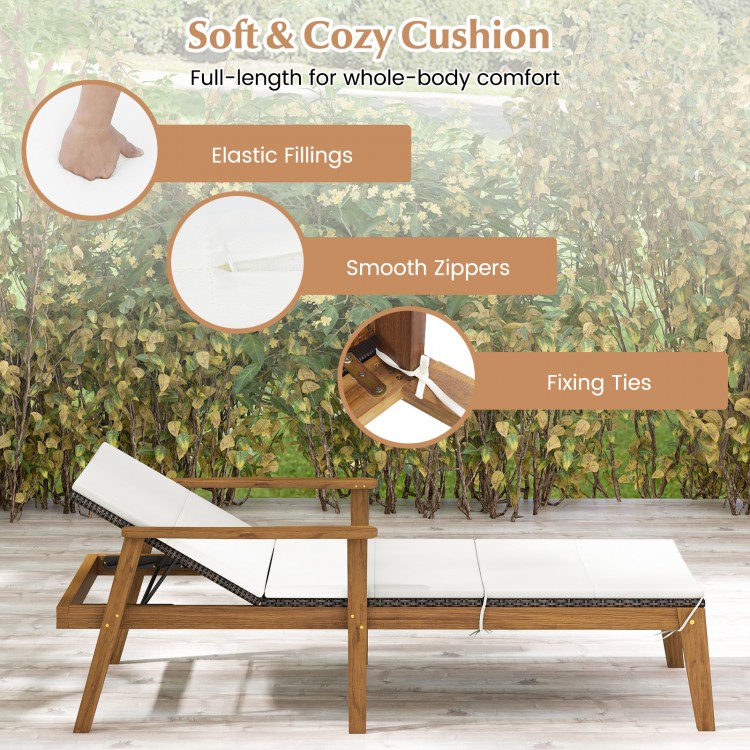 Outdoor chaise lounge chair with adjustable backrest, soft cushion, and fixing ties, perfect for poolside relaxation.