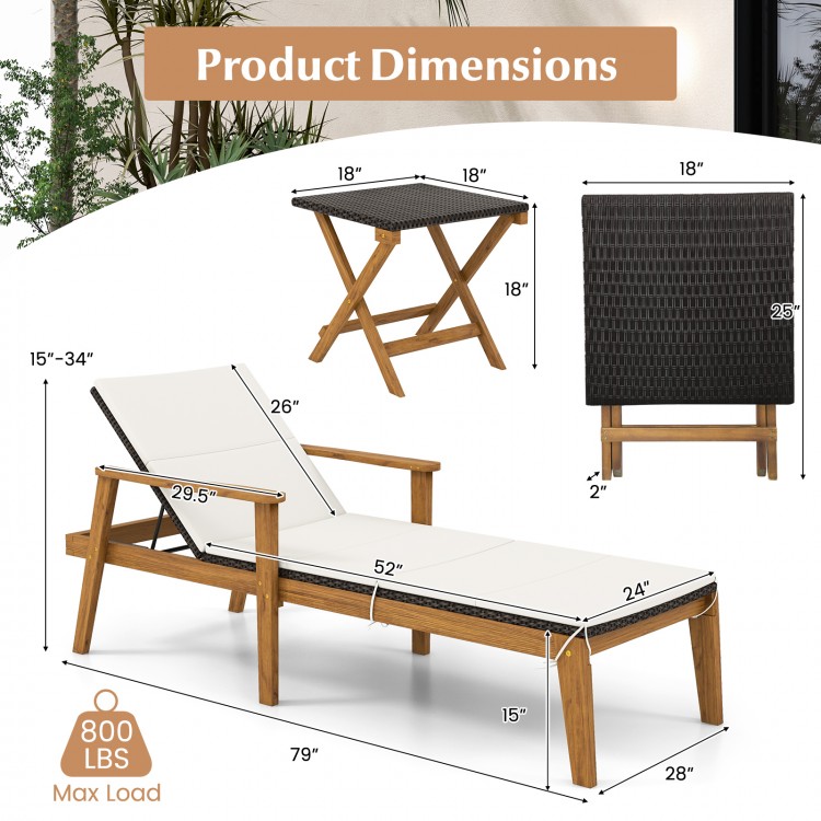 Outdoor chaise lounge chair with adjustable backrest, made of PE rattan and acacia wood, perfect for poolside.