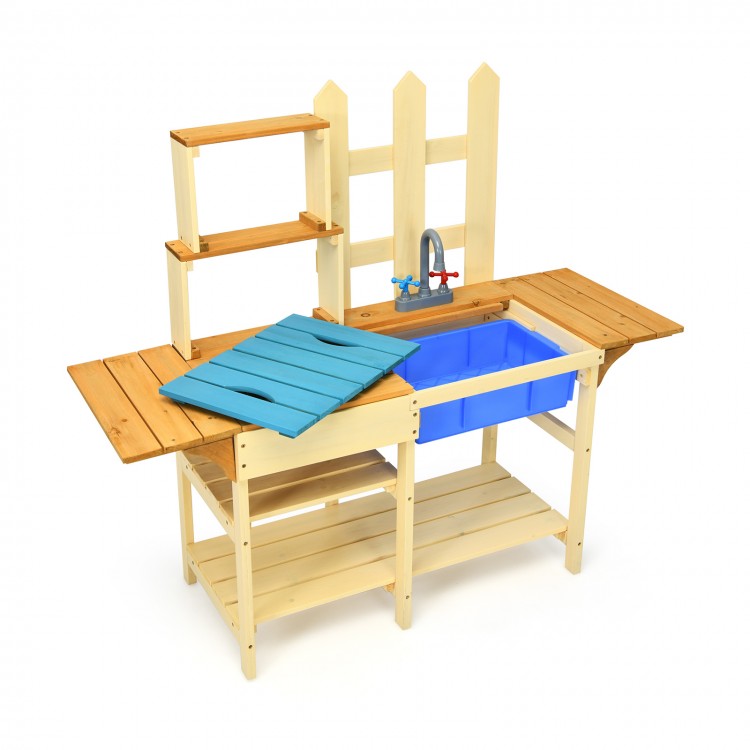 Kid's outdoor wooden pretend cook kitchen playset showing open shelves and sturdy fir wood, perfect for outdoor.