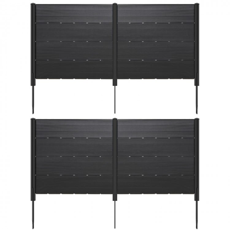 Outdoor privacy fence screen in black with two HDPE panels and five ground stakes, ideal for garden and patio use.