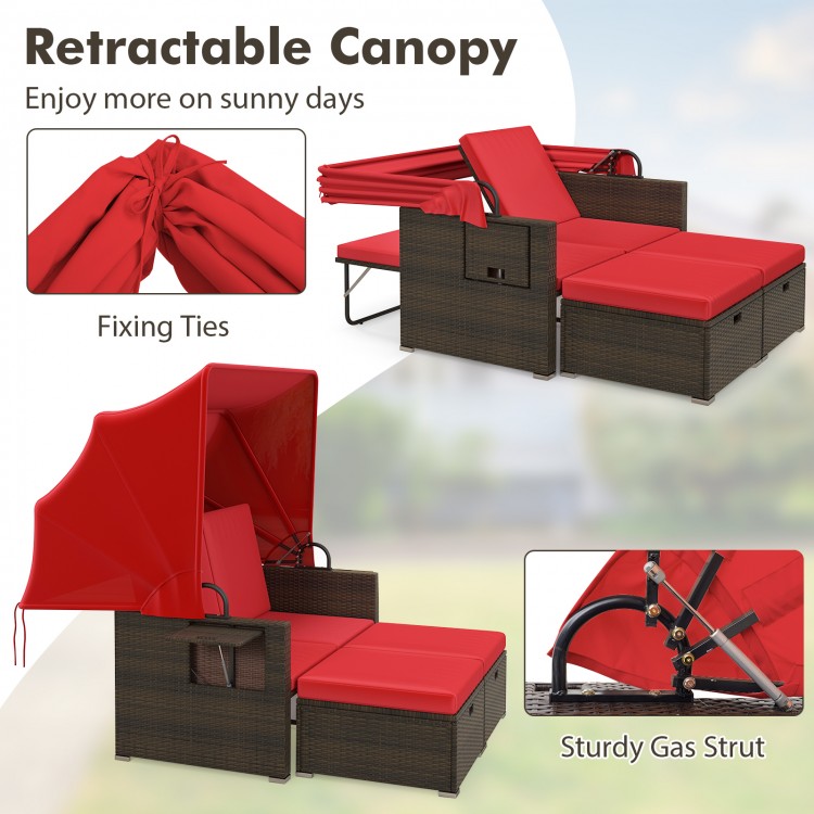 Outdoor patio rattan daybed with red retractable canopy and adjustable backrests, ideal for backyard and poolside.