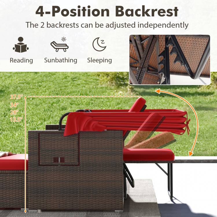 Adjustable backrests of the Outdoor Patio Rattan Daybed in red, perfect for sunbathing or reading outdoors.