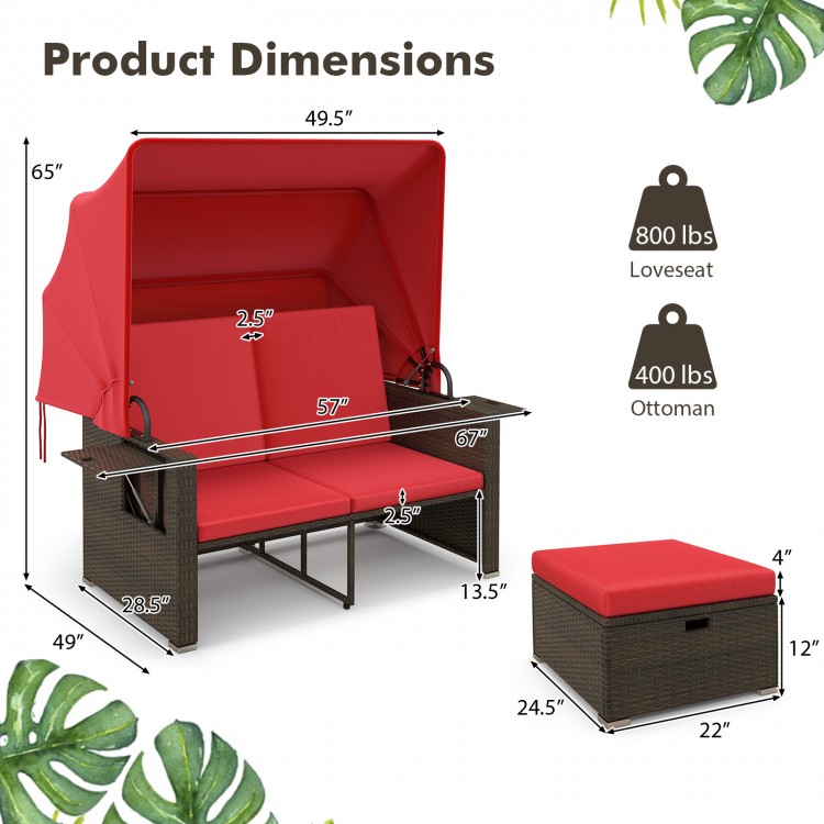 Outdoor patio rattan daybed with retractable canopy, adjustable backrests, and ottoman for versatile outdoor comfort.