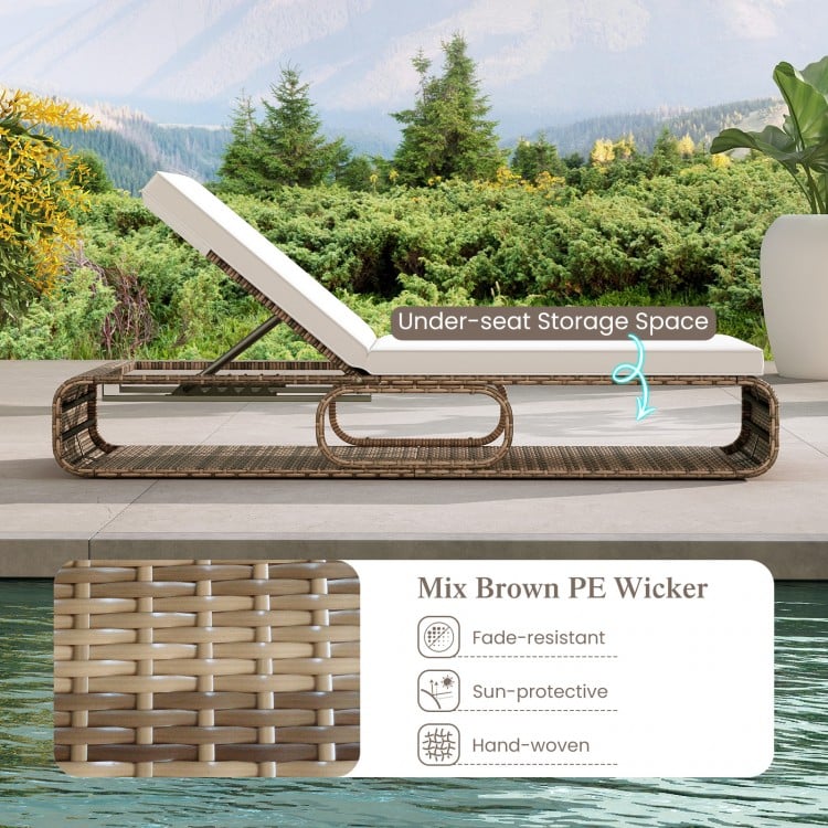 Adjustable PE rattan chaise lounge chair in mix brown with under-seat storage, perfect for poolside relaxation.