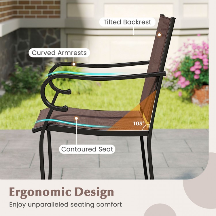 Side view of outdoor counter height bar stool with breathable mesh fabric, curved armrests, and 105° tilted backrest.
