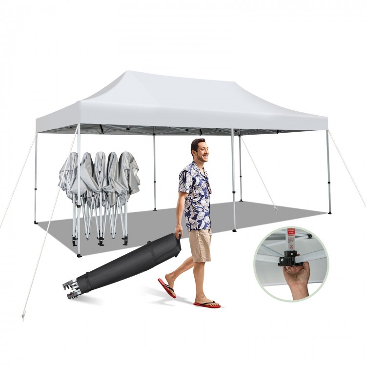 Pop-up patio canopy tent in white, featuring a heavy-duty metal frame and easy one-button setup for outdoor events.