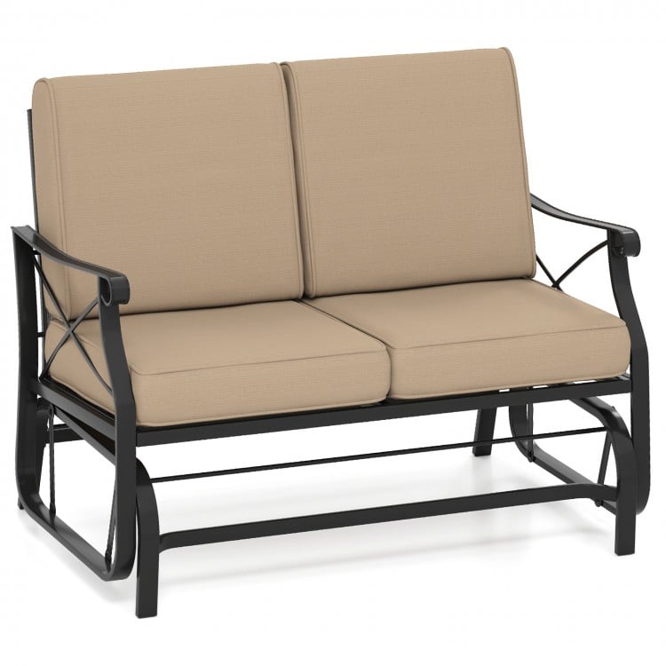 Outdoor 2-person glider rocking loveseat with elegant X-shaped design and cozy armrests, ideal for garden relaxation.