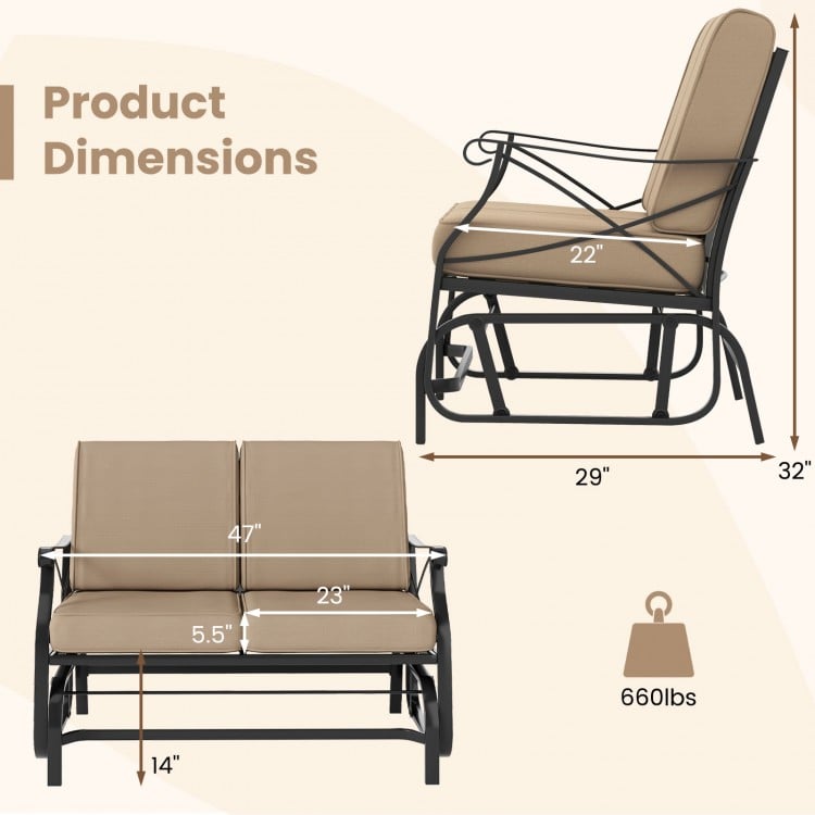 Dimensions of the Outdoor 2-Person Glider Rocking Chair Loveseat with thick cushions and metal frame, suitable for.