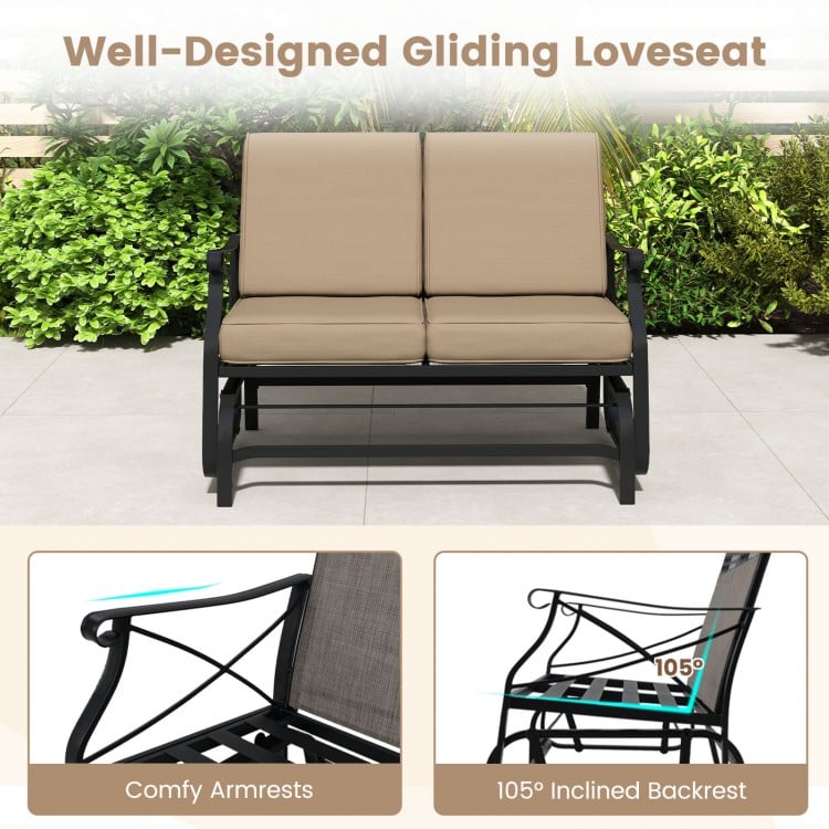 Outdoor 2-person glider loveseat with thick cushions, metal frame, and 105° inclined backrest for patio relaxation.