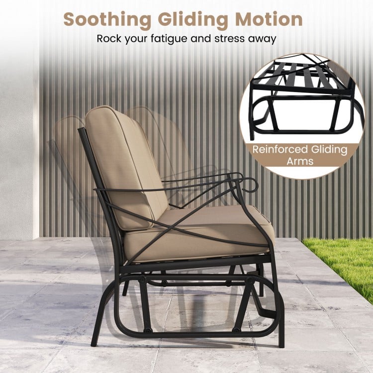 Outdoor 2-person glider rocking chair with thick cushions and metal frame, featuring a soothing gliding motion for.