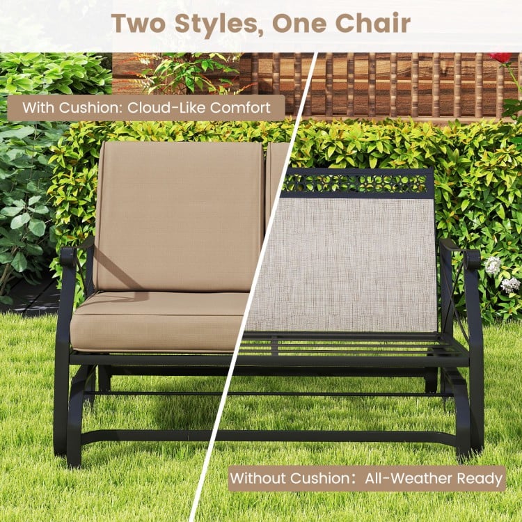 Outdoor 2-person glider rocking chair loveseat with thick brown cushions, showcasing both cushioned and cushionless.