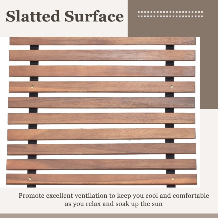 Widened slatted surface of the outdoor acacia wood rocking chair, promoting ventilation for comfortable relaxation.