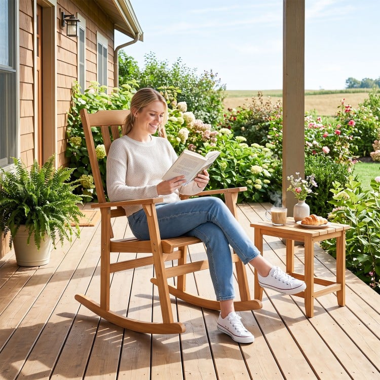 Outdoor Acacia Wood Rocking Chair with High Back and Armrests for Patio - Gallery View 2 of 8