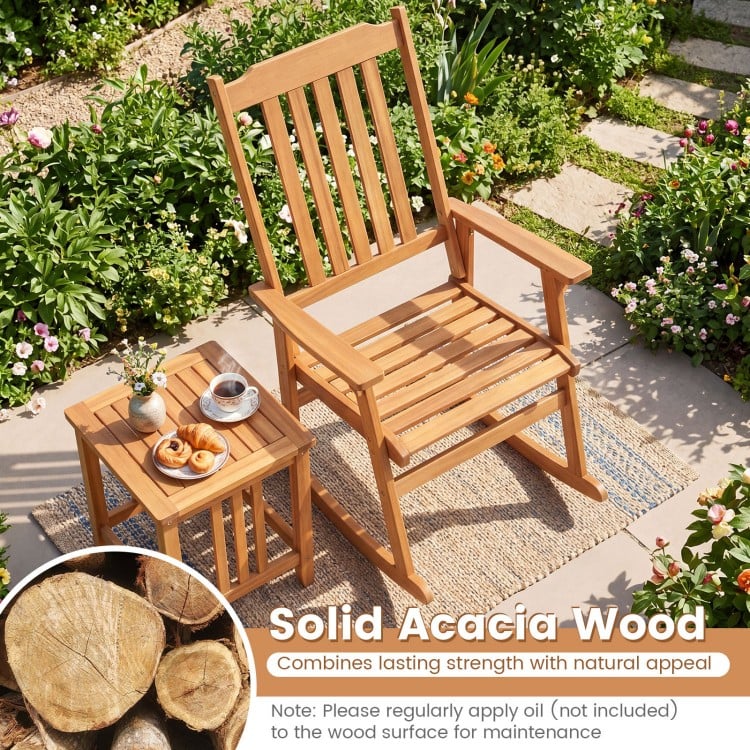 Outdoor Acacia Wood Rocking Chair with High Back and Armrests for Patio - Gallery View 6 of 8