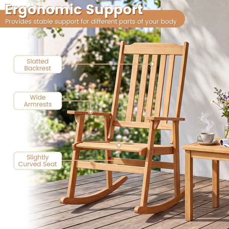 Outdoor Acacia Wood Rocking Chair with High Back and Armrests for Patio - Gallery View 8 of 8