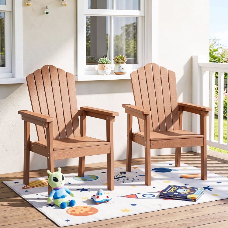 Two brown outdoor Adirondack chairs with high backrests and wide armrests, perfect for deck or poolside relaxation.