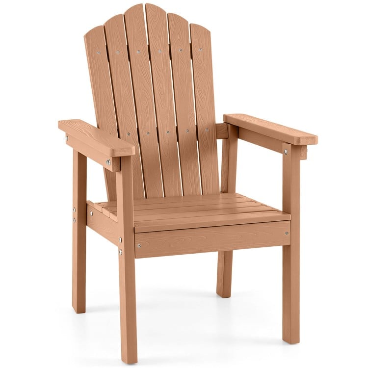 Brown outdoor Adirondack chair with high backrest and wide armrests, designed for comfort and durability poolside or on the deck.
