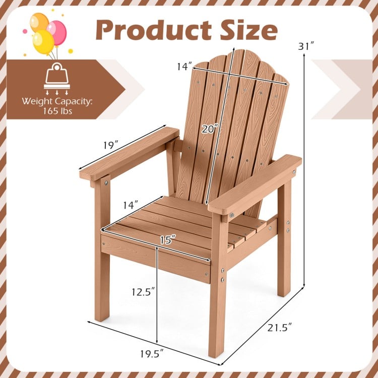 Outdoor Adirondack chair in brown with high backrest, wide armrests, and dimensions for deck or poolside relaxation.