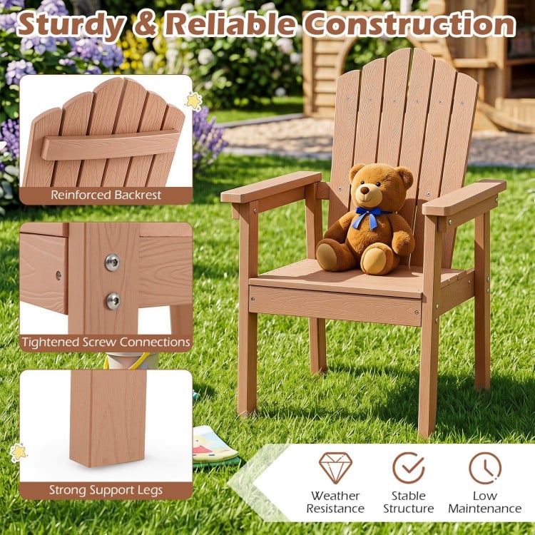 Outdoor Adirondack chair in brown features a high backrest, wide armrests, and durable HIPS material for all-weather use.