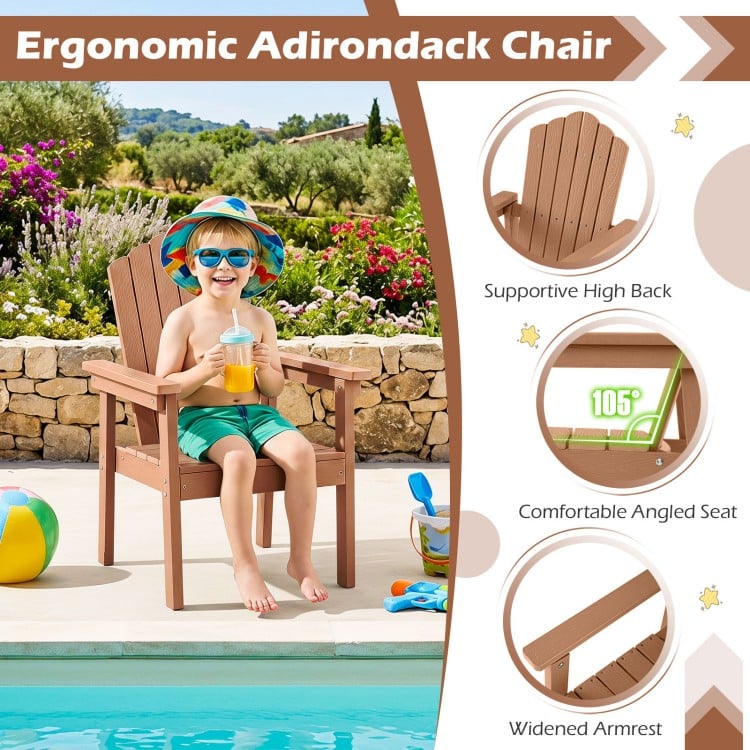 Ergonomic outdoor Adirondack chair in brown features a high backrest and wide armrests, perfect for poolside relaxation.