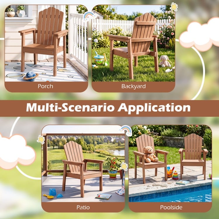 Outdoor Adirondack chair in brown with high backrest and wide armrests, ideal for patio, poolside, and backyard relaxation.