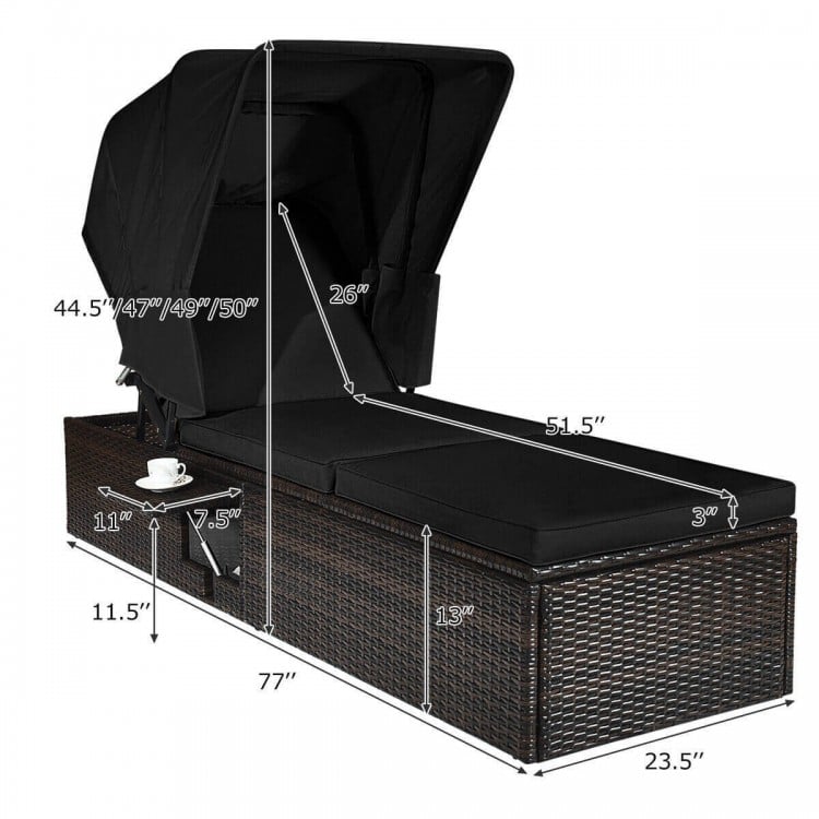 Adjustable cushioned chaise lounge chair with folding canopy, made of durable PE rattan, perfect for outdoor relaxation.
