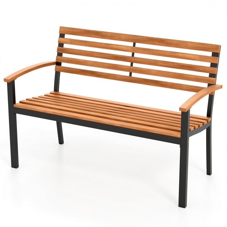 Acacia wood outdoor bench with backrest and armrests, featuring a sturdy metal frame for patio or garden use.