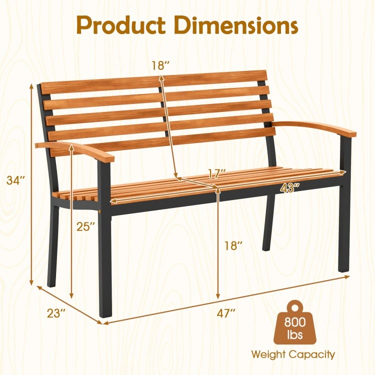Product dimensions of the outdoor bench made of acacia wood, featuring a sturdy metal frame and designed for two people.