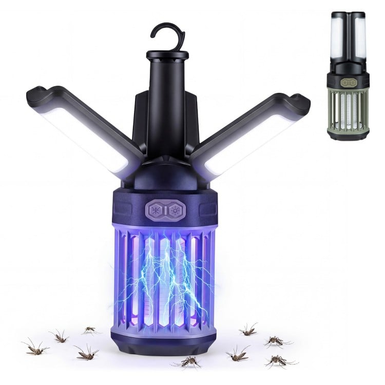 Outdoor bug zapper with foldable camping lantern, USB-C rechargeable, 1050V grid, and 360-400nm UV light for effective.
