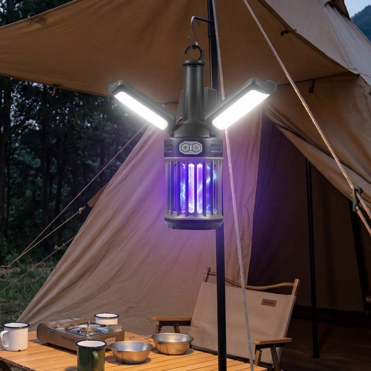 Outdoor bug zapper with foldable camping lantern, USB-C rechargeable, providing light and insect control for camping.