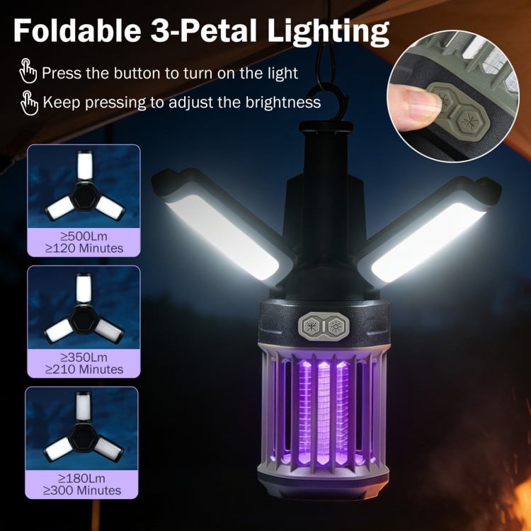 Foldable 3-petal camping lantern and bug zapper with USB-C charging, IPX6 waterproof, for outdoor use.