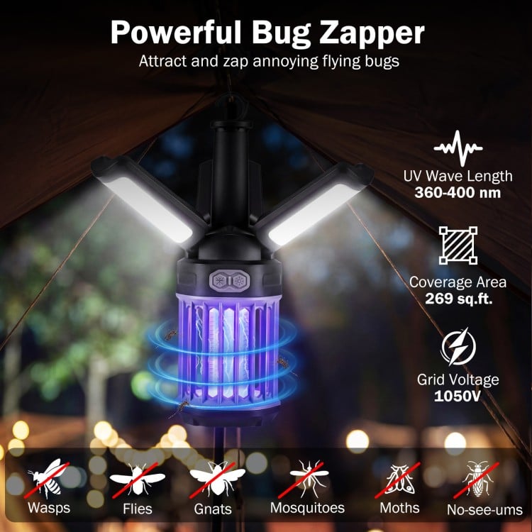Outdoor bug zapper with foldable lantern design, 1050V grid voltage, and 269 sq.ft. coverage for effective insect.