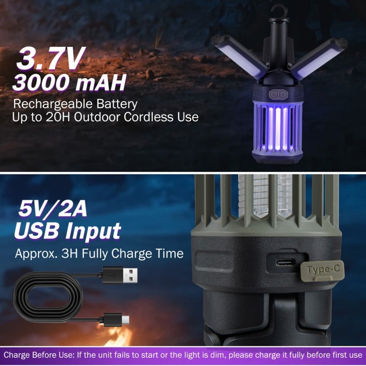 Foldable outdoor bug zapper and camping lantern with USB-C rechargeable battery, 20h cordless use, and 1050V grid.