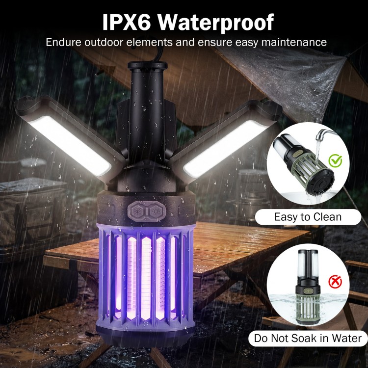 Foldable outdoor bug zapper with camping lantern, IPX6 waterproof, USB-C rechargeable, and 20h cordless use.