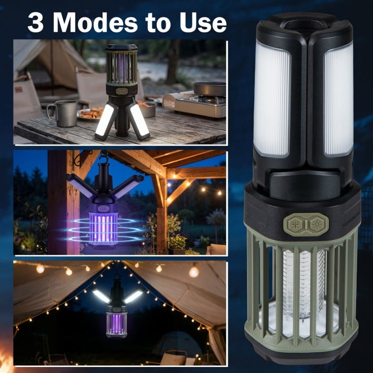 Outdoor bug zapper and camping lantern with foldable design, USB-C rechargeable, and 3 lighting modes for versatile use.