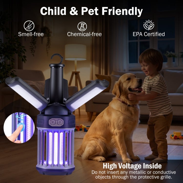 Outdoor bug zapper with foldable lantern design, USB-C rechargeable, child- and pet-friendly, for camping and outdoor.