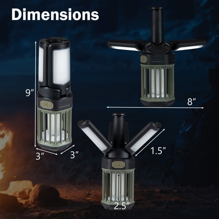 Outdoor bug zapper and camping lantern with foldable design, USB-C rechargeable, 3 modes, and IPX6 waterproof rating.