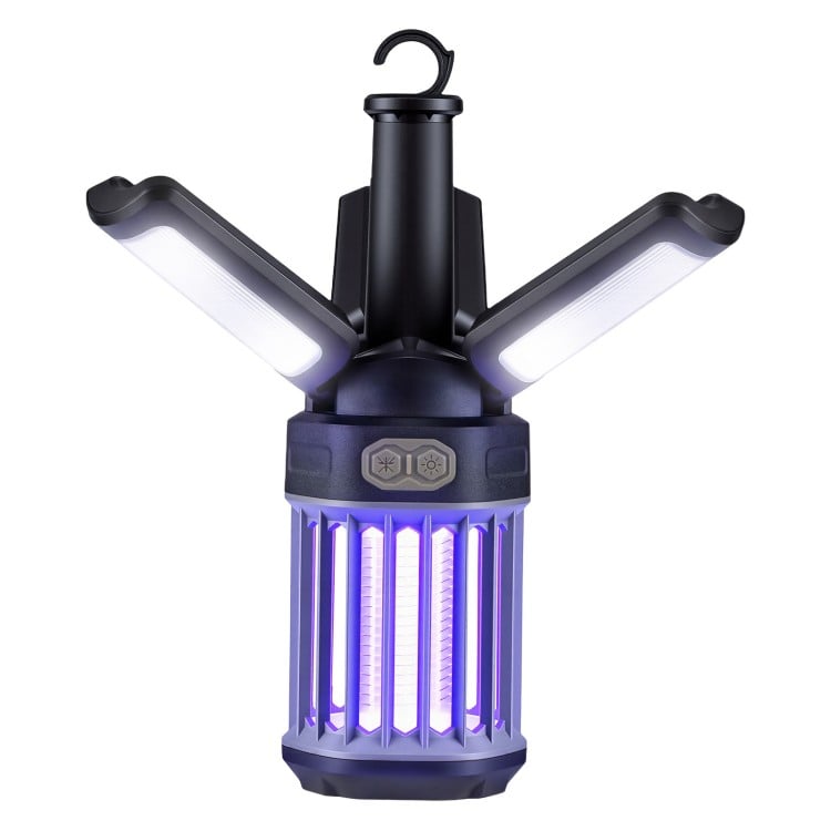 Foldable outdoor bug zapper and camping lantern with 360-400nm UV light, USB-C rechargeable, for effective mosquito.