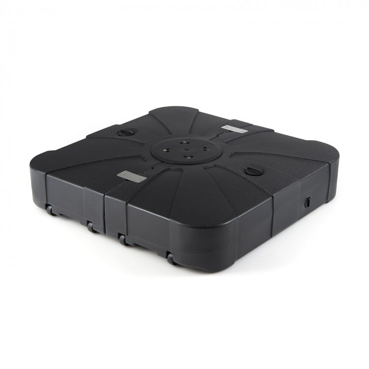 Square outdoor cantilever umbrella base, 34 inches, water and sand fillable, with wheels for easy mobility.