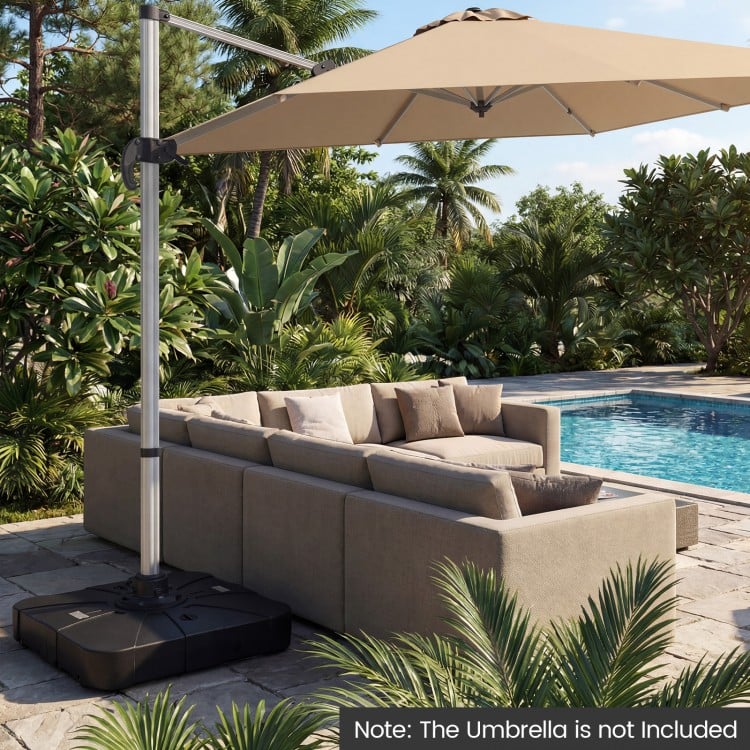 Square water and sand fillable umbrella base with wheels, designed for 8-12 ft cantilever umbrellas, shown outdoors.