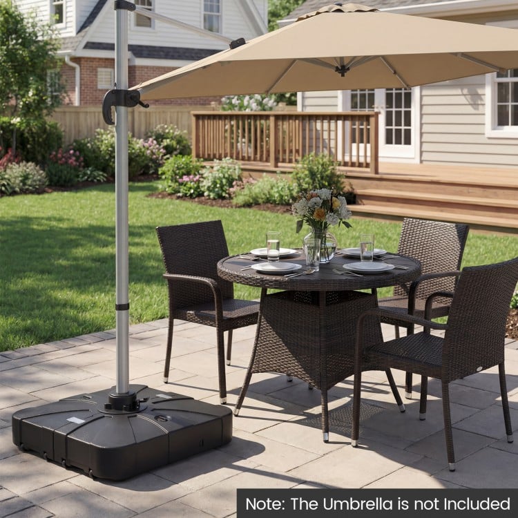 Square water and sand fillable umbrella base with wheels, designed for 8-10 ft cantilever umbrellas, ensuring stability.