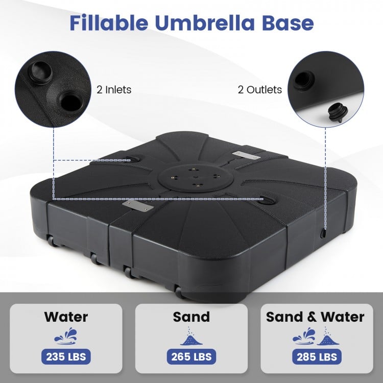 Square fillable umbrella base with 2 inlets and 2 outlets, holds up to 285 lbs, designed for outdoor cantilever.