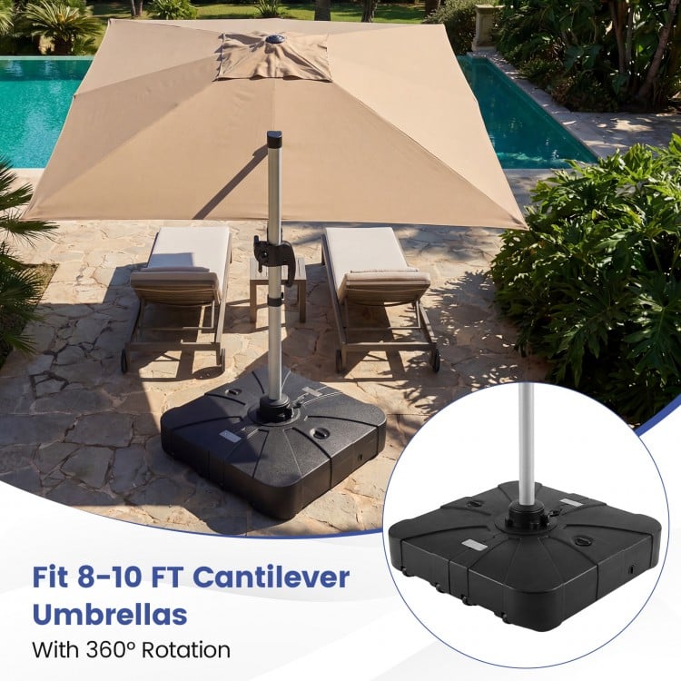 Square outdoor cantilever umbrella base, water and sand fillable, designed for 8-10 ft umbrellas, features rolling.