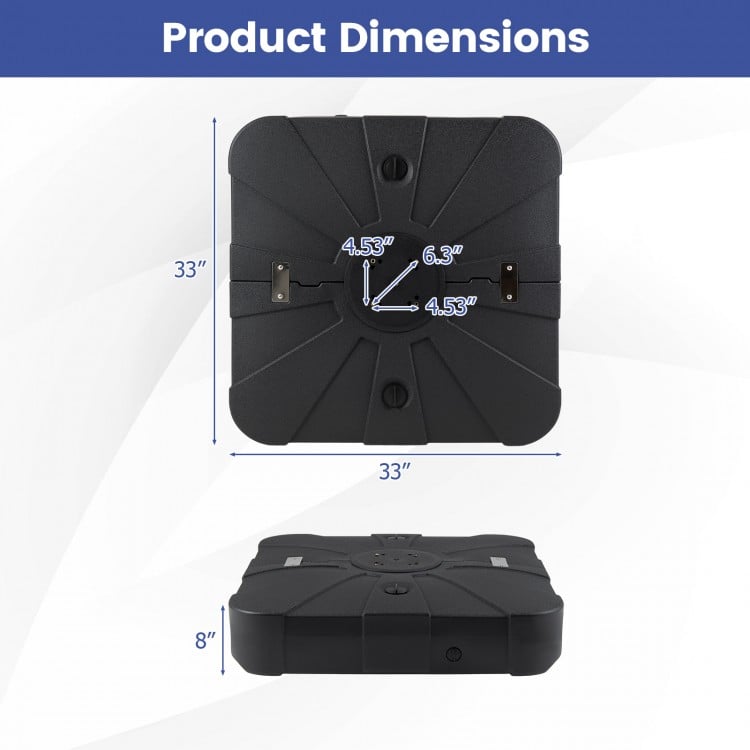 Square outdoor cantilever umbrella base with dimensions 33"x33"x8", designed for easy filling and mobility.