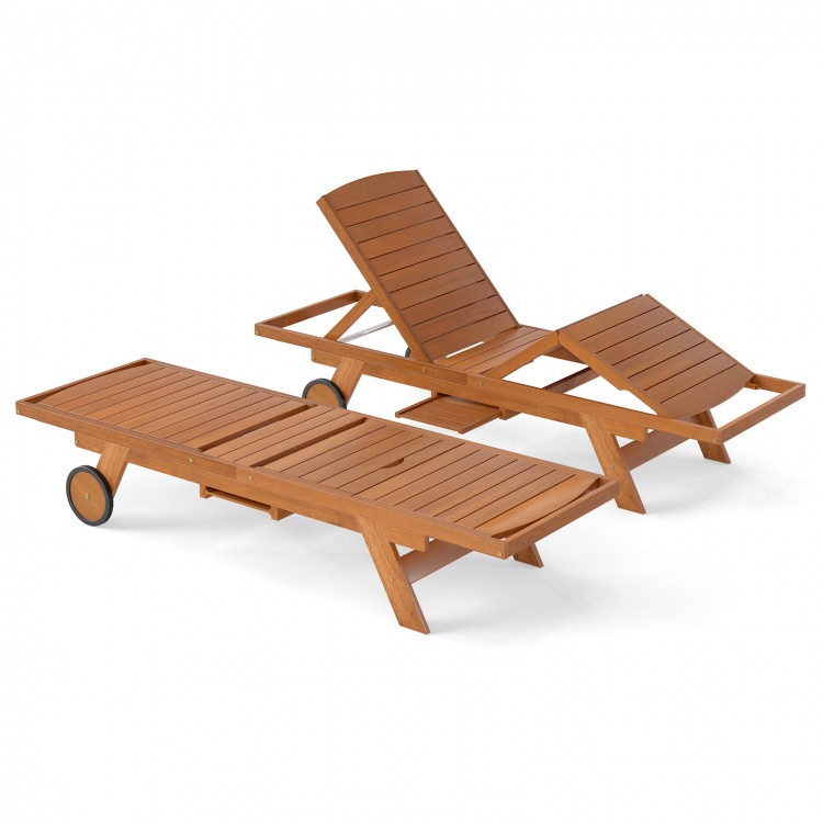 Outdoor chaise lounge chair with wheels, solid wood, 4-position adjustable backrest, perfect for patio relaxation.
