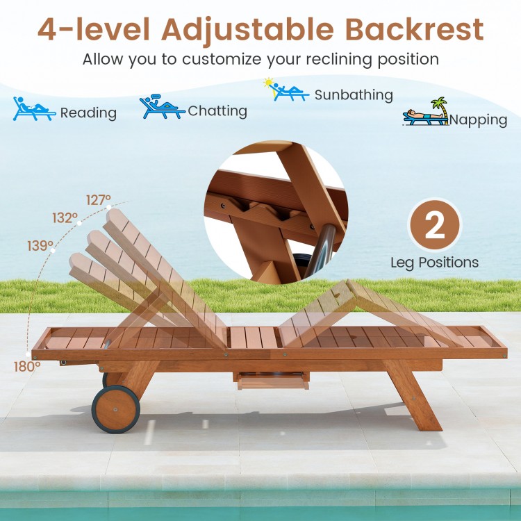 Outdoor chaise lounge chair with wheels, featuring a 4-position adjustable backrest, perfect for sunbathing and.